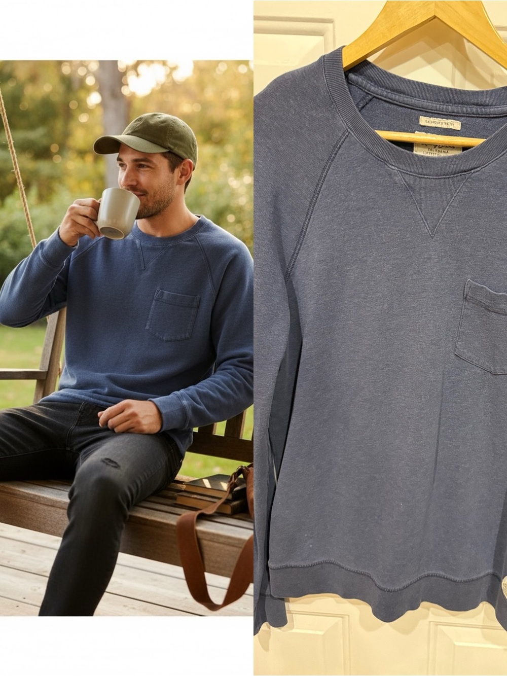 Lucky Brand Saturday Stretch Men’s M Blue Pocket Crewneck Sweatshirt Grey Label